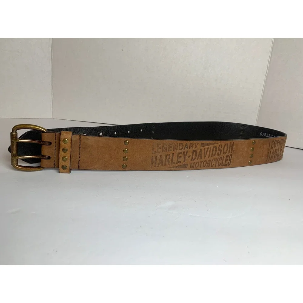 Harley-Davidson Mens Tan Leather Double Prong Biker Belt‎ 97653-04V Size 30